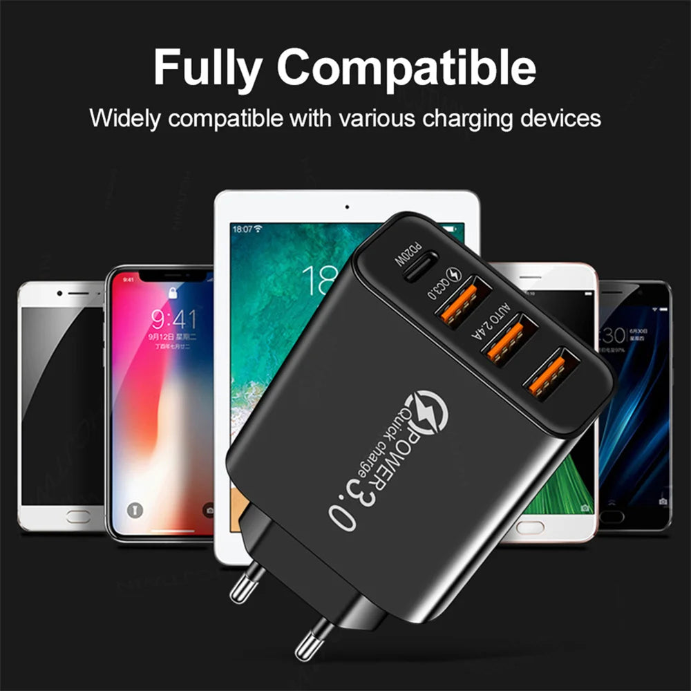 Cargador Rápido USB Tipo C 4 Puertos (QC 3.0, PD) Adaptador Corriente para Móvil iPhone/Samsung/Xiaomi (Negro)