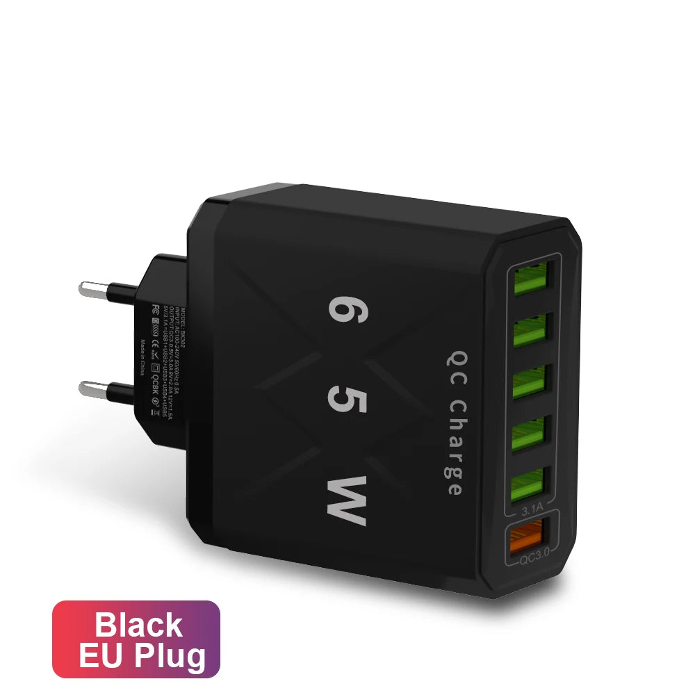 Adaptador Cargador Viaje Rápido USB 3.1A 6 en 1 Multi-Enchufe QC3.0 para iPhone 12/13/Samsung/Xiaomi