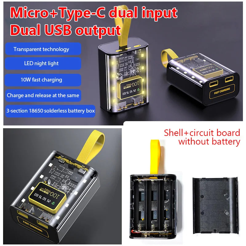 Caja Power Bank DIY (3x18650) con Luz Nocturna y Doble USB Carga para iPhone/Xiaomi (Soporte Batería 18650)