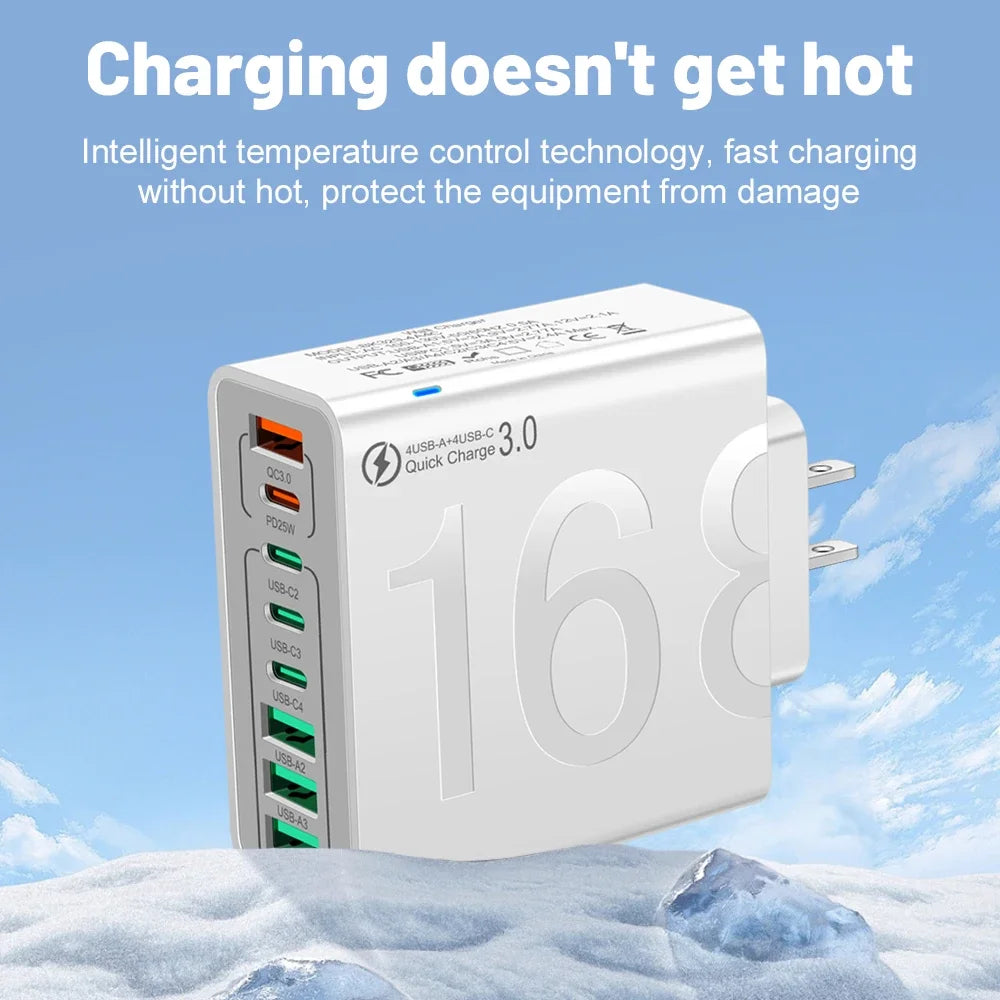 Cargador Pared USB Tipo C Múltiple 8 Puertos Alta Velocidad Carga Rápida PD para iPhone 15/Xiaomi/Huawei