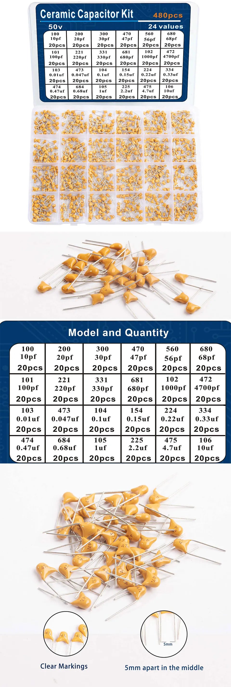 Kit Surtido Capacitores Cerámicos 24 Valores (0.1uF-10uF) para Guitarra (480 Unidades)