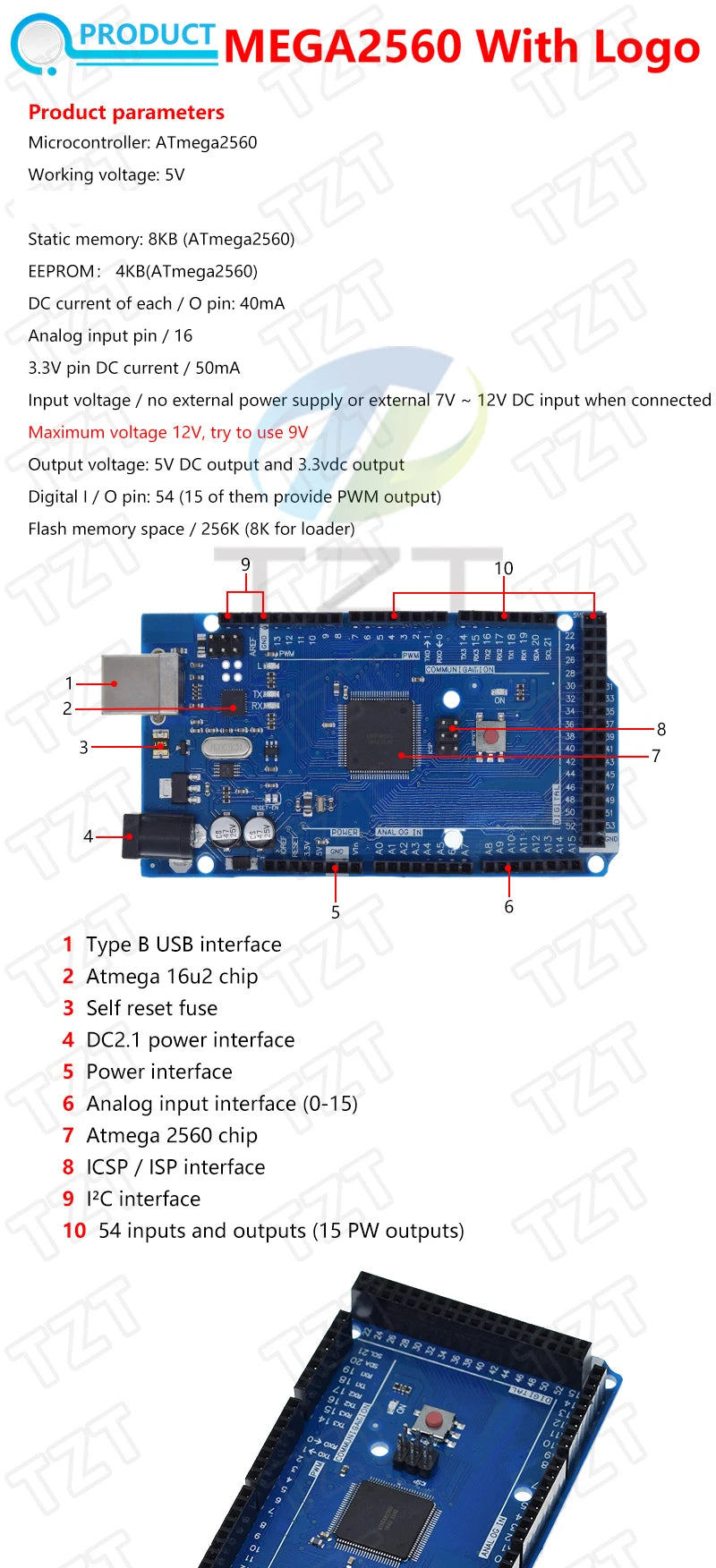 Placa Desarrollo TZT Mega2560 (ATMEGA16U2 / Pro Mini / WiFi R3 ATmega2560 CH340G) compatible Arduino Mega R3 / ESP8266
