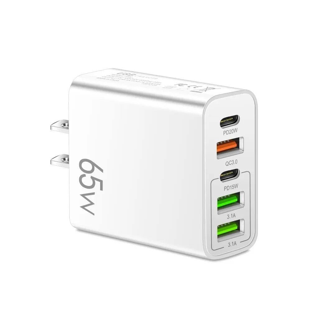 Cargador Pared USB C PD 20W + 4 Puertos USB (Total 65W) Carga Rápida QC 3.0 Adaptador para iPhone 15 Pro/Samsung/Xiaomi