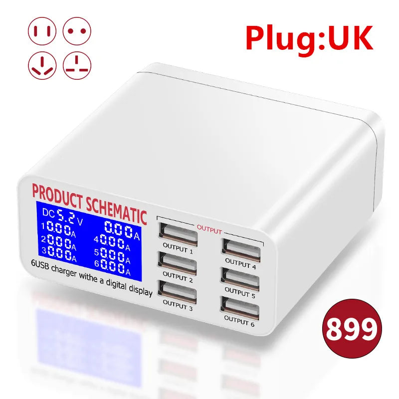 Hub Cargador USB 6 Puertos Carga Rápida con Pantalla LED (Voltaje/Corriente)