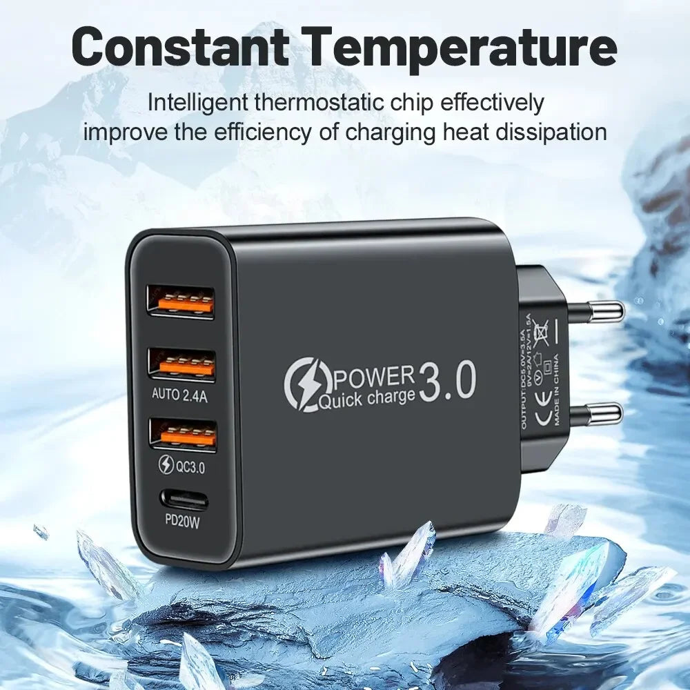 Cargador Pared Múltiple 4 Puertos USB (Total 60W) Carga Rápida PD Tipo C Adaptador Móvil para Xiaomi/iPhone 14/15/Samsung S24
