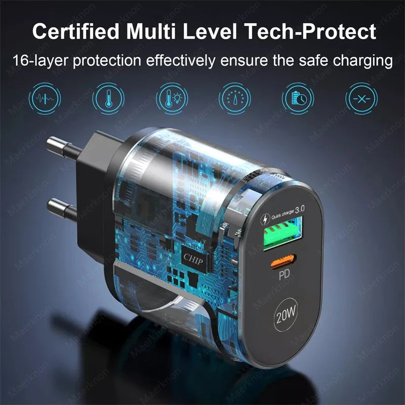 Cargador USB Doble Puerto (Quick Charge 3.0, PD 20W Tipo C) Adaptador Carga Rápida para iPhone 13/12Pro/Huawei/Xiaomi/Samsung