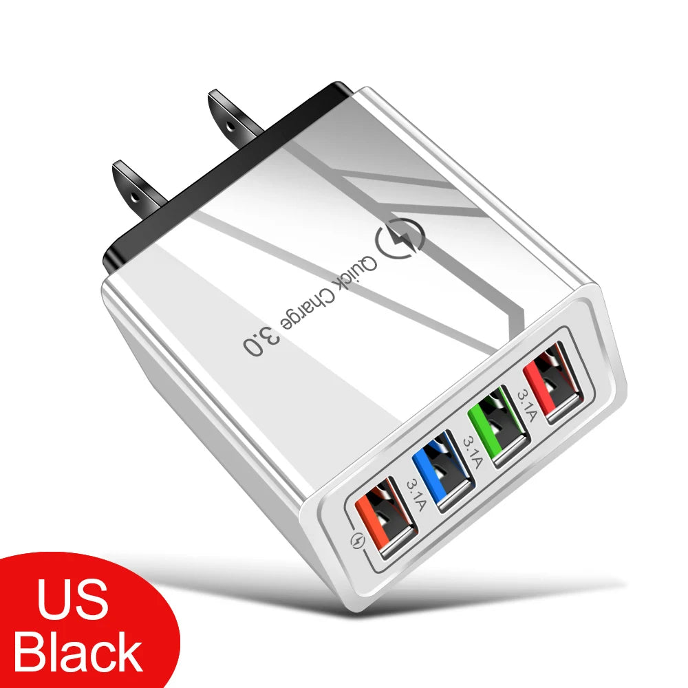 Cargador Pared USB 4 Puertos Quick Charge 3.0 Carga Rápida para iPhone 15/14/Samsung/Xiaomi (Enchufe EU/US)
