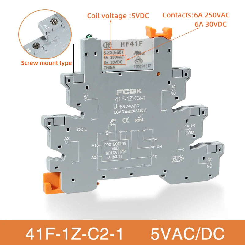 Módulo Relé Delgado DIN Rail 41F-1Z-C4-1 PCB con Socket Holder 12V/24V AC/DC / 220V AC 6.2mm
