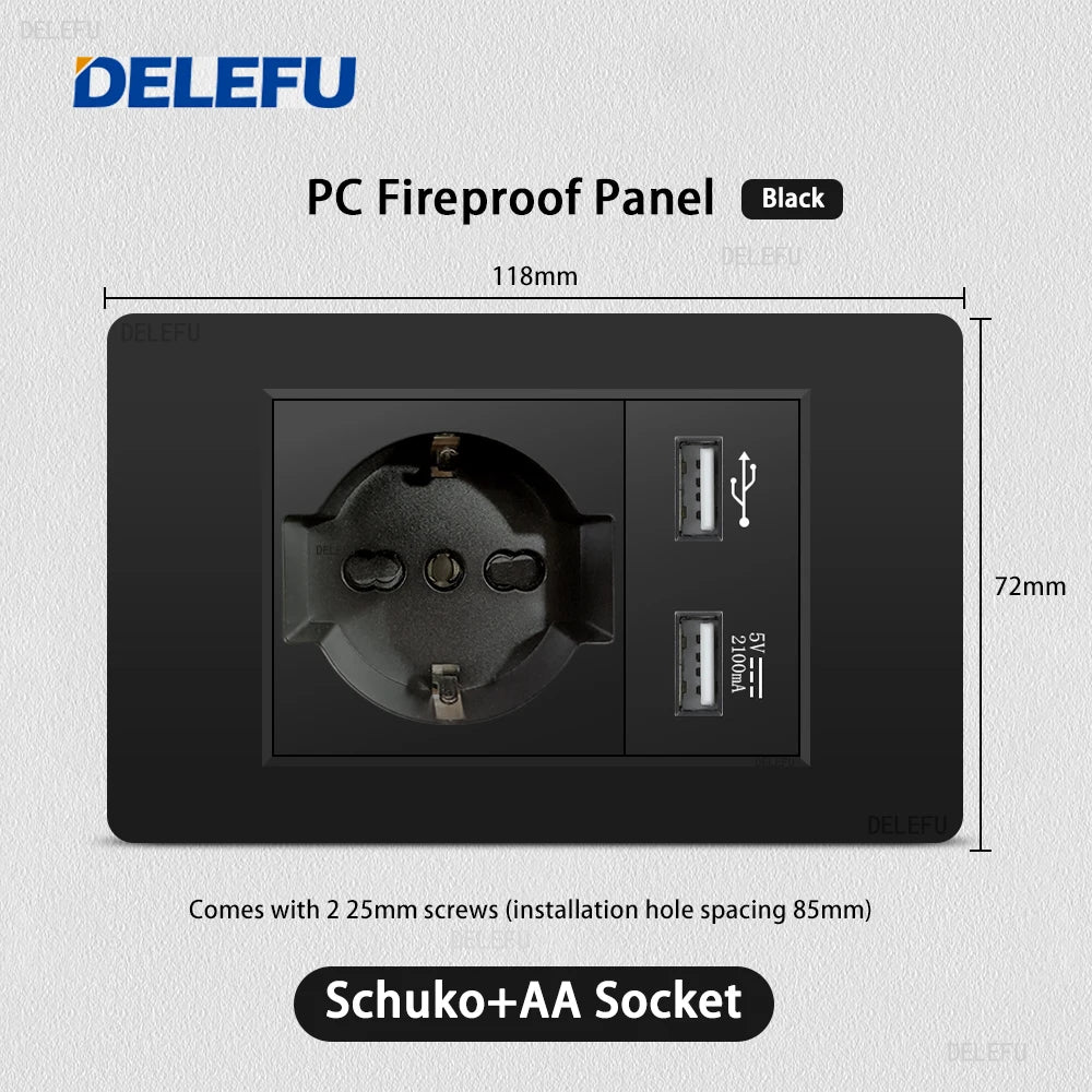 Enchufe Pared Delefu Italia/Chile PC Negro USB-C Carga Rápida + Schuko + Switch Smart Tuya WiFi + SAT/TV/TEL/Timbre