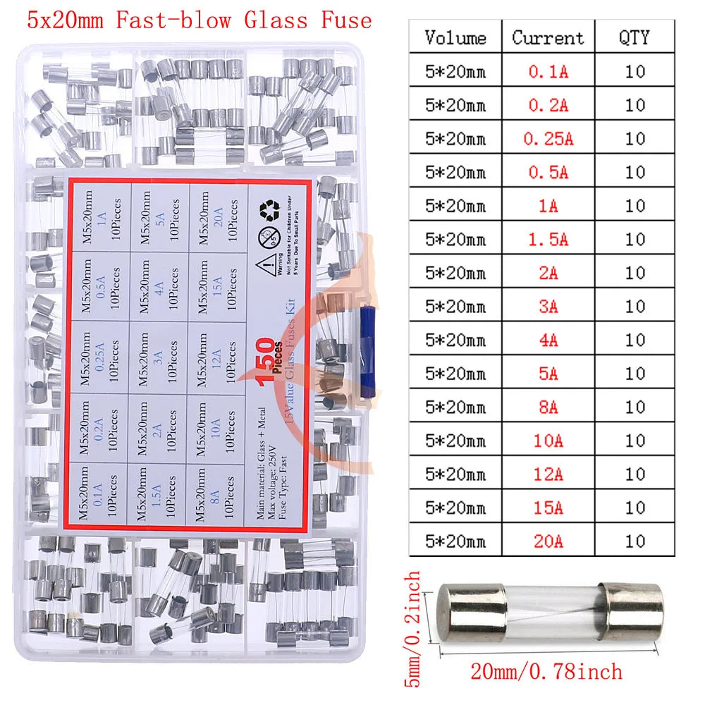12V-250V Slow Fast Glass Fuse With Lead Wire Mix kit 0.1A 0.25A 0.5A 1A 2A 2.5A 3A 3.15A 4A 5A 6A 6.3A 8A 10A 15A 16A 20A 30A