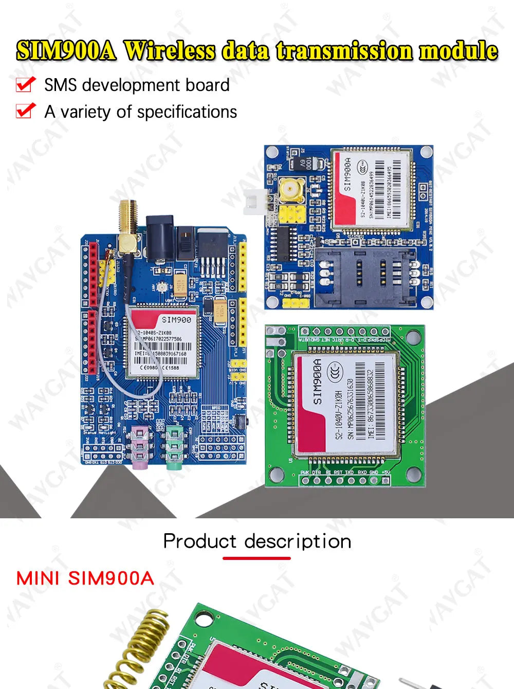Kit Placa Módulo Transmisión Datos Inalámbrica GSM/GPRS SIM900A / SIM900 Mini V4.0 con Antena (Refurbished, C83 AEAK)