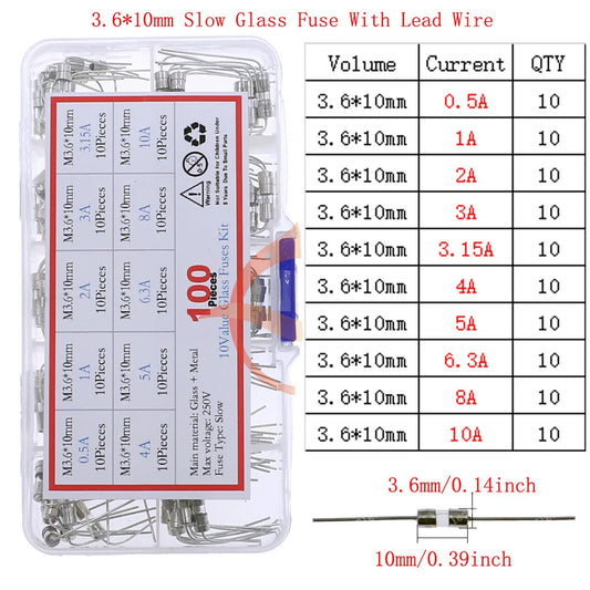 12V-250V Slow Fast Glass Fuse With Lead Wire Mix kit 0.1A 0.25A 0.5A 1A 2A 2.5A 3A 3.15A 4A 5A 6A 6.3A 8A 10A 15A 16A 20A 30A