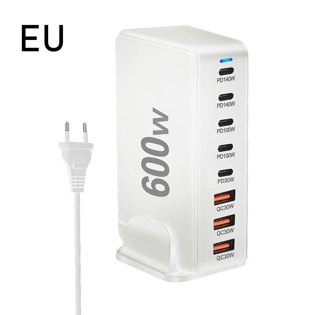 Cargador Escritorio GaN 600W PD3.1 Multifunción 28V/5A USB-C Adaptador US/EU/UK/AU Ahorro Energía