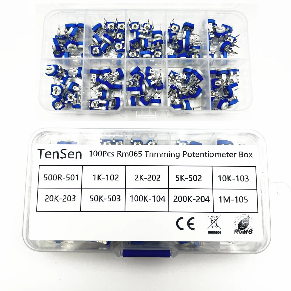 100Pcs/Box RM065 Carbon Film Horizontal Trimpot Potentiometer Assortment Kit 10 Values Variable Resistor 500R 1K 2K 5K 10K -1M