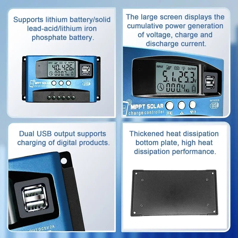 Controlador Carga Solar MPPT 30A-100A 12V-60V Bluetooth LCD Dual USB para Batería Plomo-Ácido/Litio