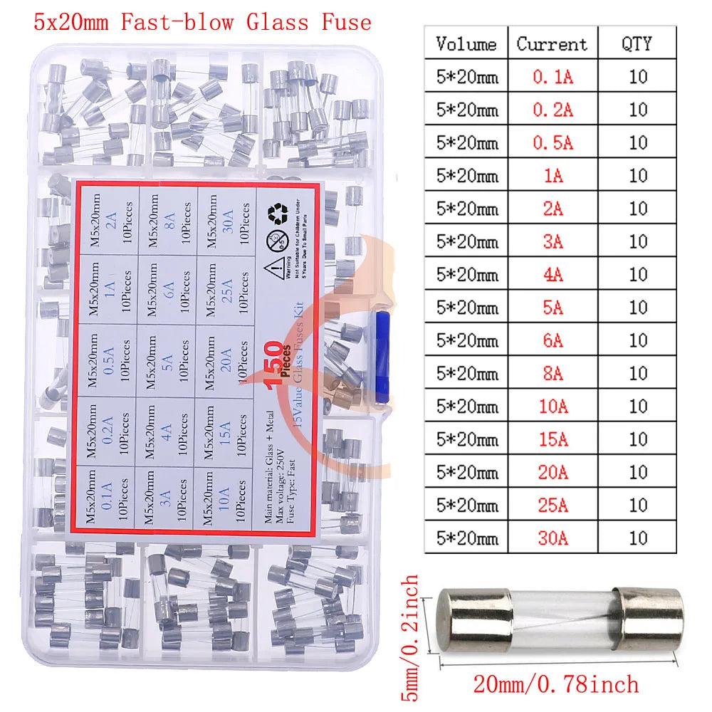 12V-250V Slow Fast Glass Fuse With Lead Wire Mix kit 0.1A 0.25A 0.5A 1A 2A 2.5A 3A 3.15A 4A 5A 6A 6.3A 8A 10A 15A 16A 20A 30A