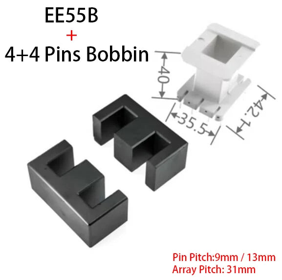 Núcleo Ferrita EE55B (PC40/PC95/PC44) con Bobina Vertical/Horizontal (8/14/20 Pines)