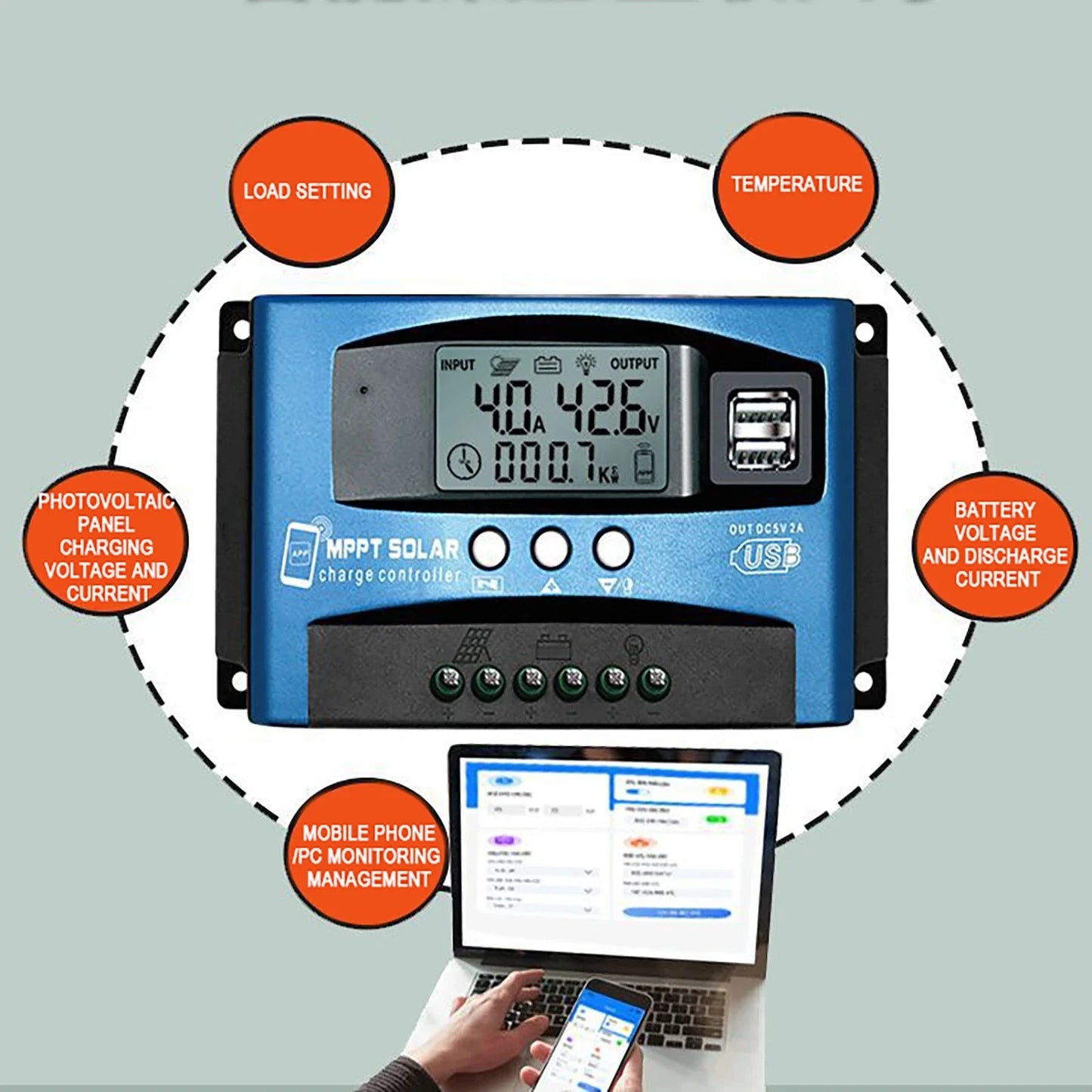 Controlador Carga Solar MPPT 30A-100A 12V-60V Bluetooth LCD Dual USB para Batería Plomo-Ácido/Litio