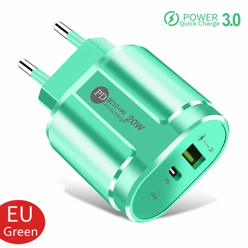 Cargador USB Doble Puerto (Quick Charge 3.0, PD 20W Tipo C) Adaptador Carga Rápida para iPhone 13/12Pro/Huawei/Xiaomi/Samsung