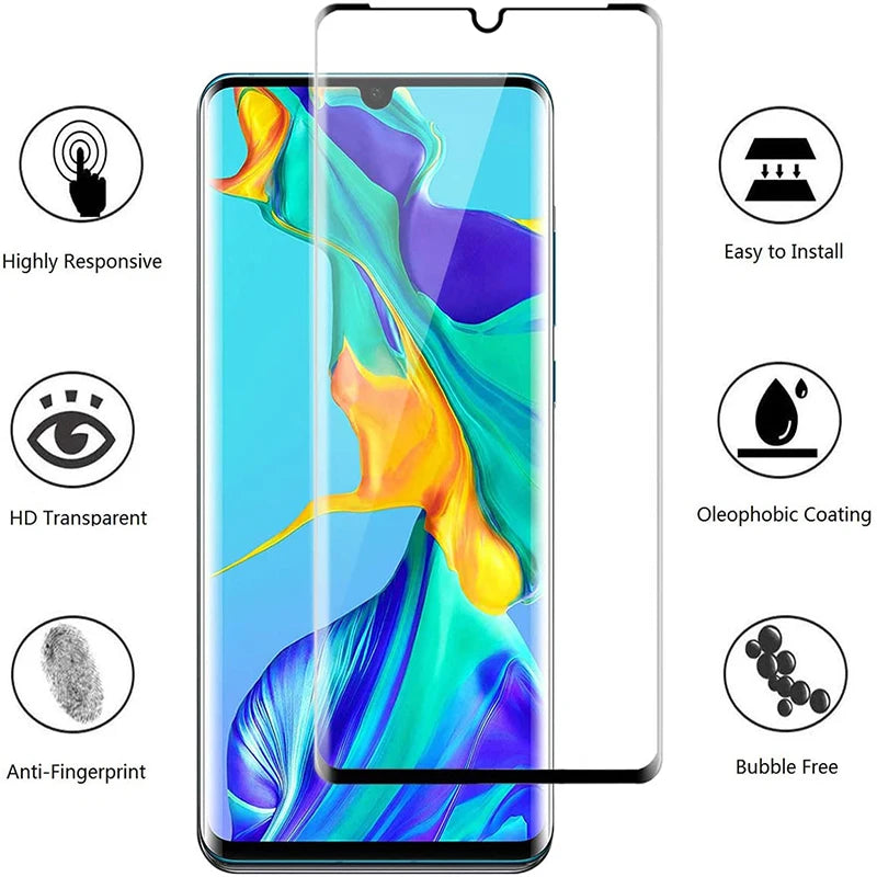 2/4Pcs 9H Tempered Glass For Huawei P30 Pro HD Curved Four Sides Glue Screen Protector