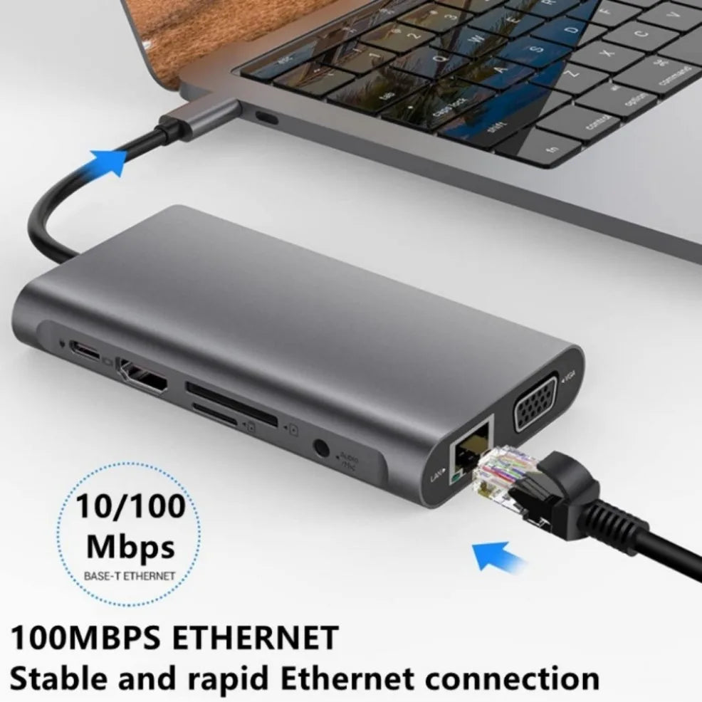 Hub USB-C Docking Station 11-en-1 Tipo-C a HDMI 4K, VGA, RJ45, PD 100W, USB para PC Accesorios Computador