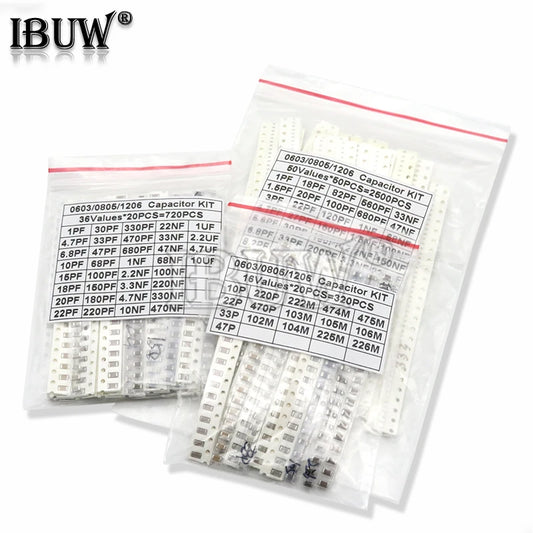 Kit Surtido Capacitor SMD (0603/0805/1206, 1pF-1uF, Varios Formatos: 16/36/50 Valores, 320/720/2500 Piezas)