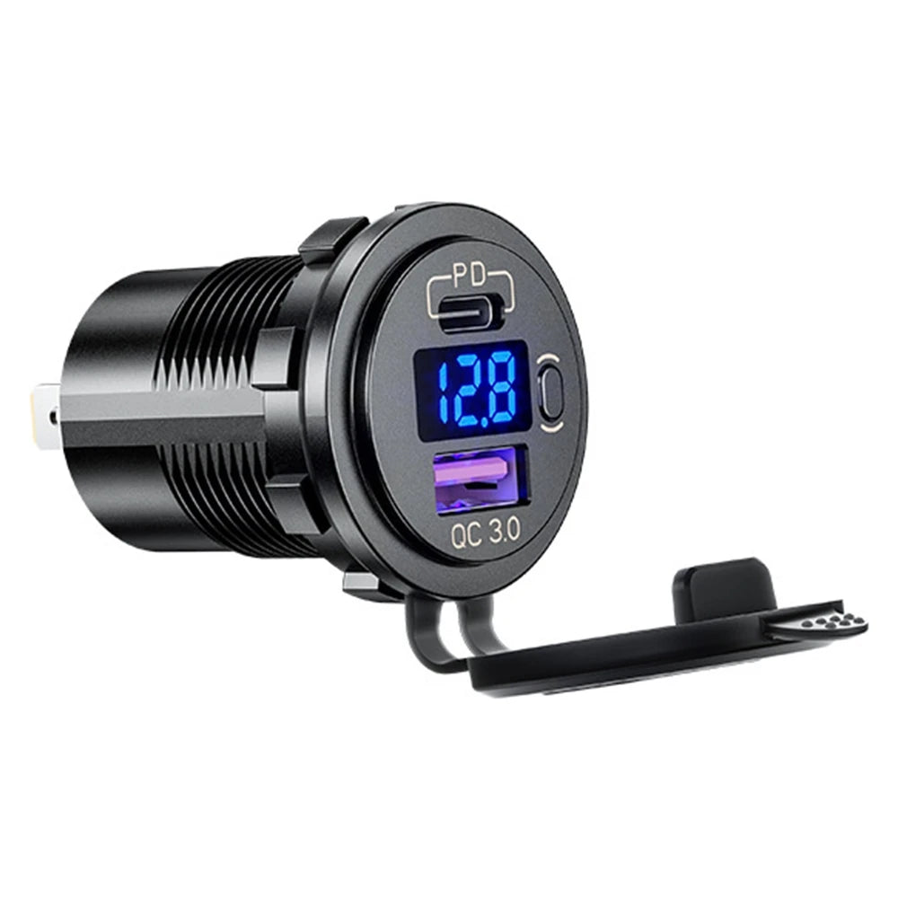 Cargador USB Auto/Camión PD 60W + QC 3.0 con Switch LED Voltímetro 12V/24V Carga Rápida