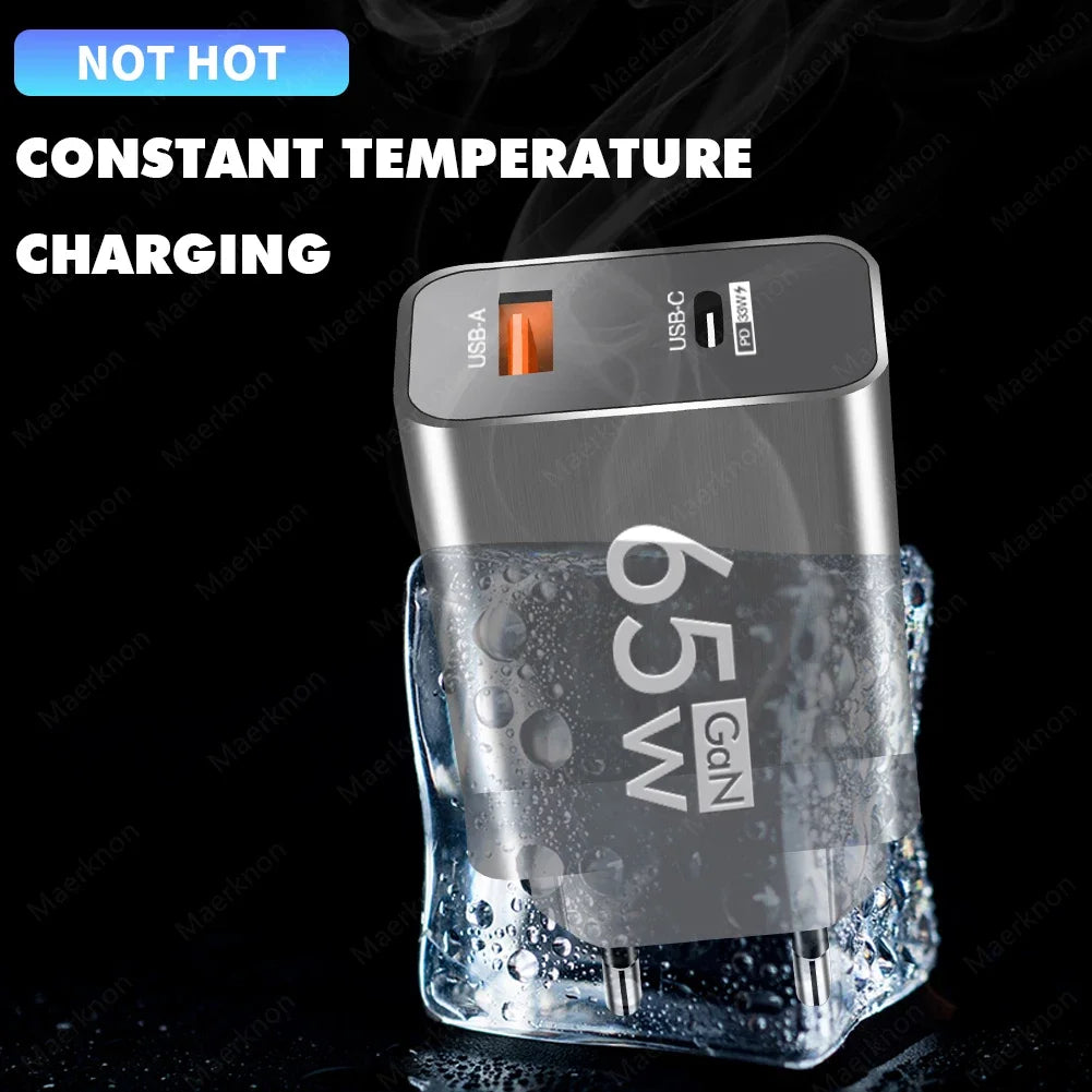 Cargador Pared USB PD GaN 65W Doble Puerto (Tipo C + USB QC3.0) Adaptador Carga Rápida Móvil para iPhone/Samsung/Xiaomi