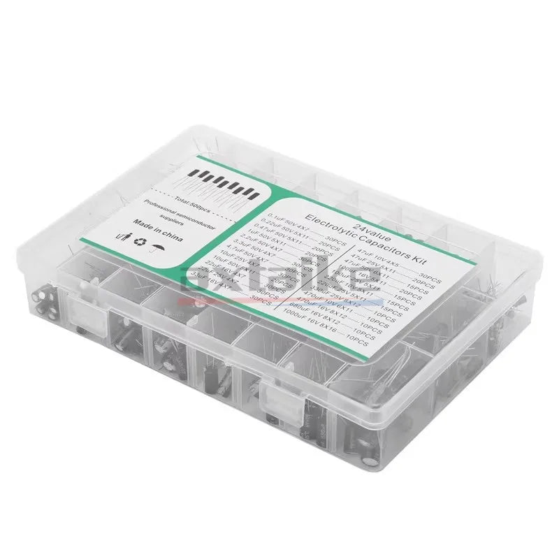 Kit Surtido Capacitor Electrolítico Aluminio (0.1uF-1000uF, 16V/25V/50V) con Caja - Pack 120/200/500 Piezas