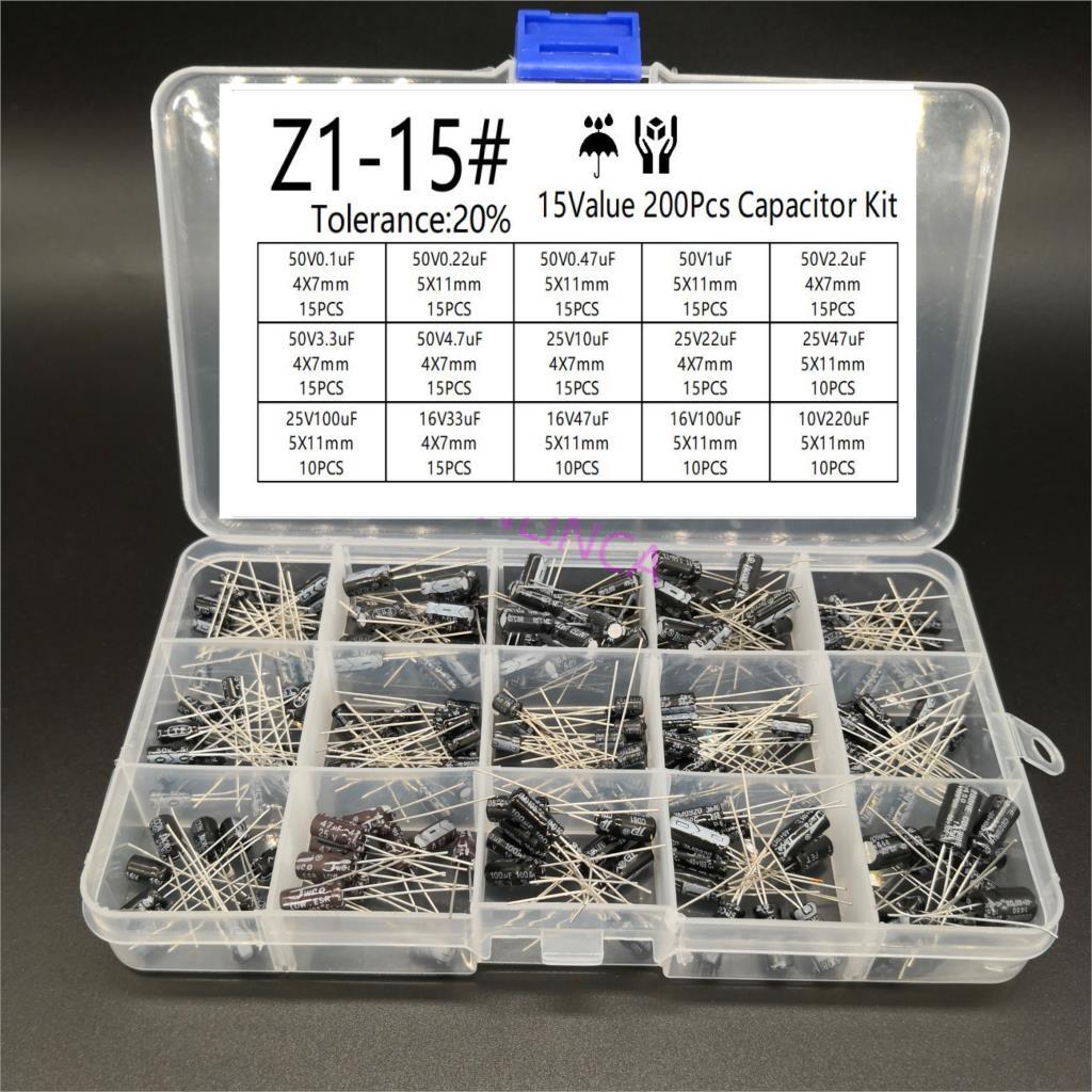 Kit Surtido Capacitores Electrolíticos Radiales 15 Valores (10V-50V, 0.1uF-220uF) (Lote 200 Unidades)