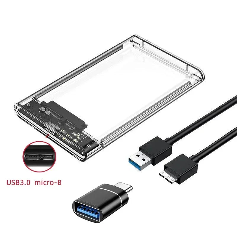 Carcasa Externa USB 3.0/Tipo C para Disco Duro HDD/SSD SATA 2.5" (UASP, Transparente, Portátil, Tool-Free)