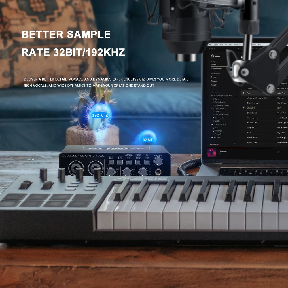 Interfaz de Audio USB Bomge U202 Preamplificador Micrófono XLR/TRS/TS 48V 32-bit/192kHz Grabación/Streaming
