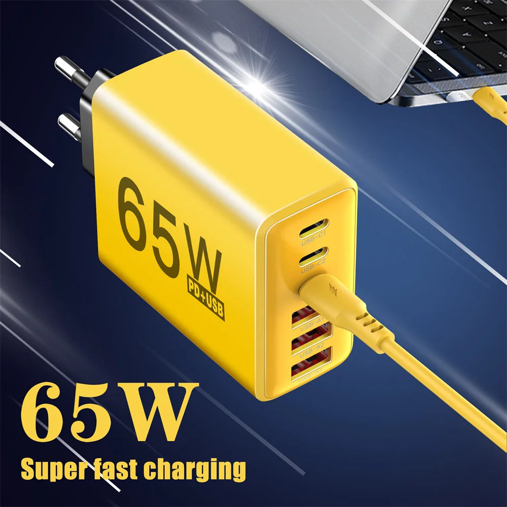 Cargador Pared USB C Múltiple 6 Puertos 65W Carga Rápida Total PD Adaptador Móvil para iPhone 15/16 Pro/Xiaomi/Samsung
