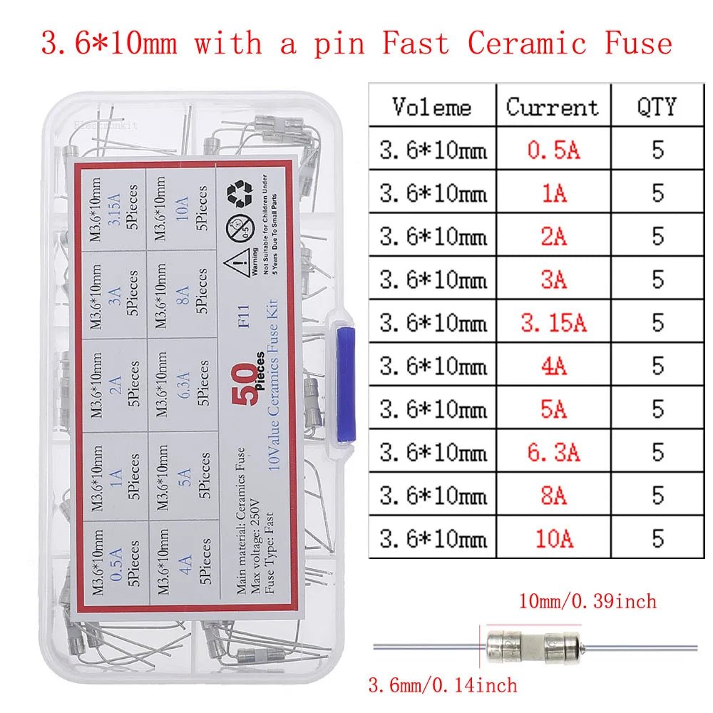 12V-250V Slow Fast Glass Fuse With Lead Wire Mix kit 0.1A 0.25A 0.5A 1A 2A 2.5A 3A 3.15A 4A 5A 6A 6.3A 8A 10A 15A 16A 20A 30A