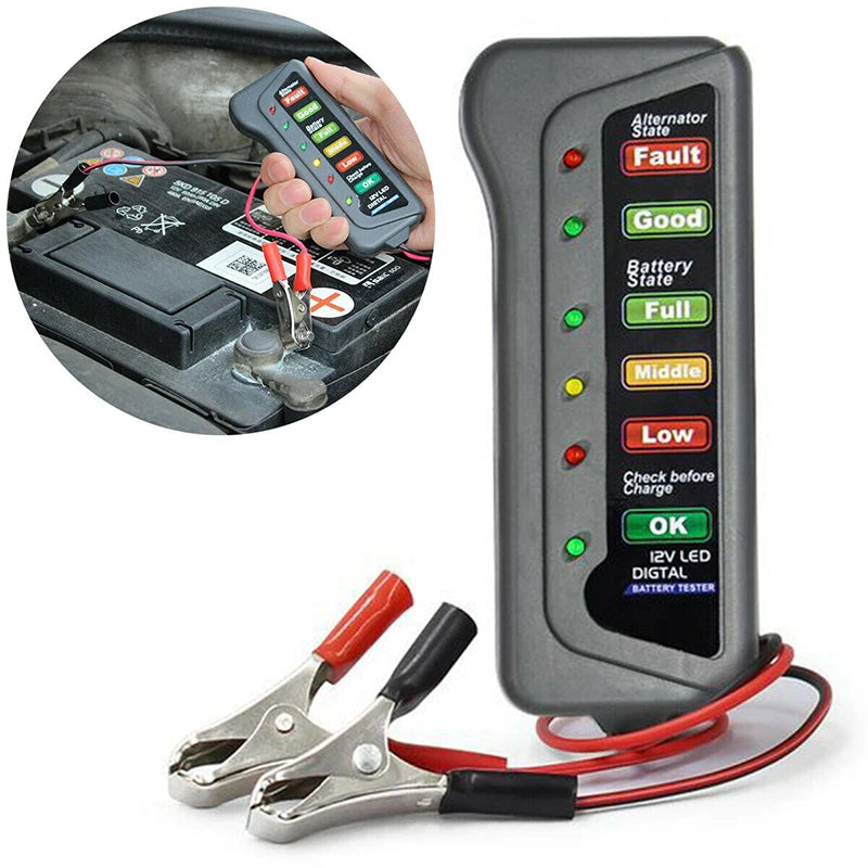 Tester Batería Auto 12V Digital - Diagnóstico Alternador con Display 6 LEDs