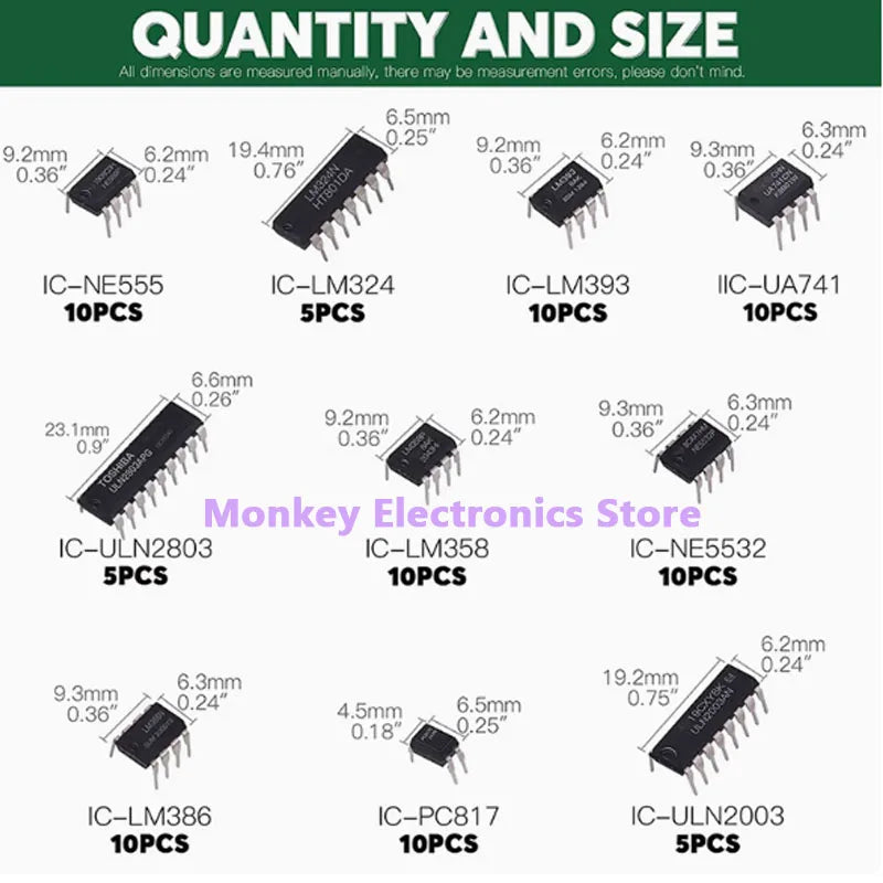 Kit Circuitos Integrados IC (DIP) NE555/LM324/LM358/ULN2803 (10 Tipos, Temporizador Precisión) DIY Electrónico (85 Piezas)