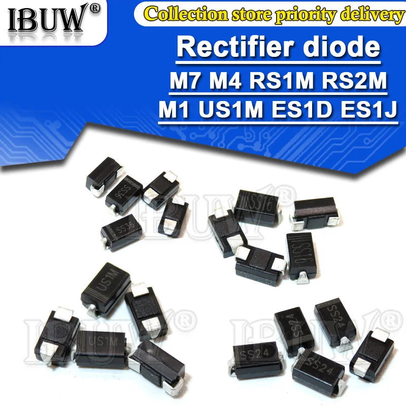 Diodo Rectificador Schottky SMD DO-214AC - Varios Tipos (M1-M7, SS12-SS36, US1M, RS2M, ES1D) - Lote 100 Piezas