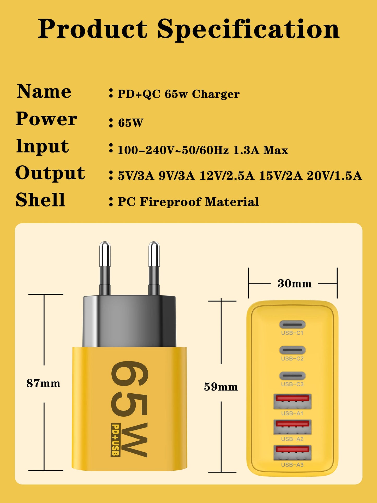 Cargador Pared USB C Múltiple 6 Puertos 65W Carga Rápida Total PD Adaptador Móvil para iPhone 15/16 Pro/Xiaomi/Samsung