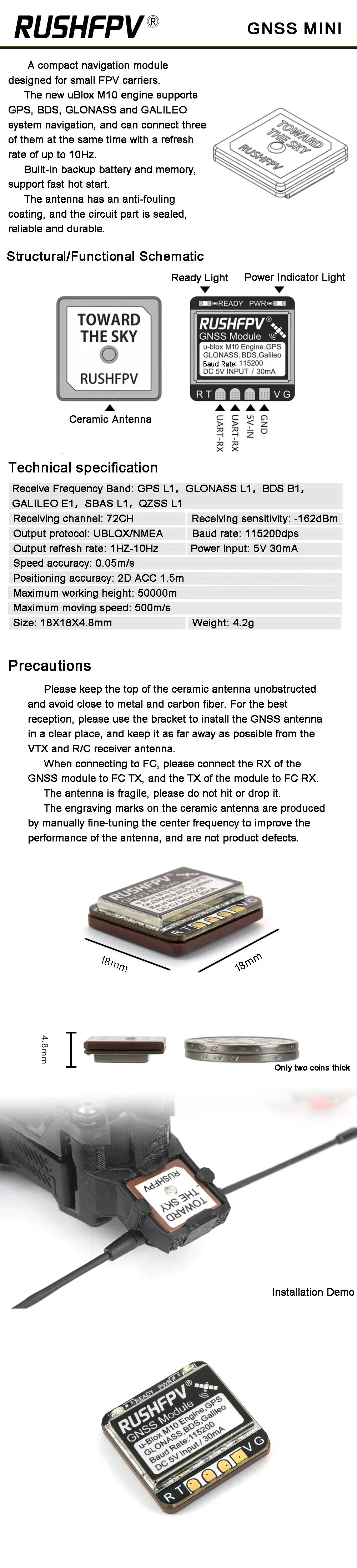 Módulo GPS GNSS RUSHFPV M10 Micro Pro Mini (10Hz, Antena Cerámica Integrada) para Drones RC FPV Freestyle