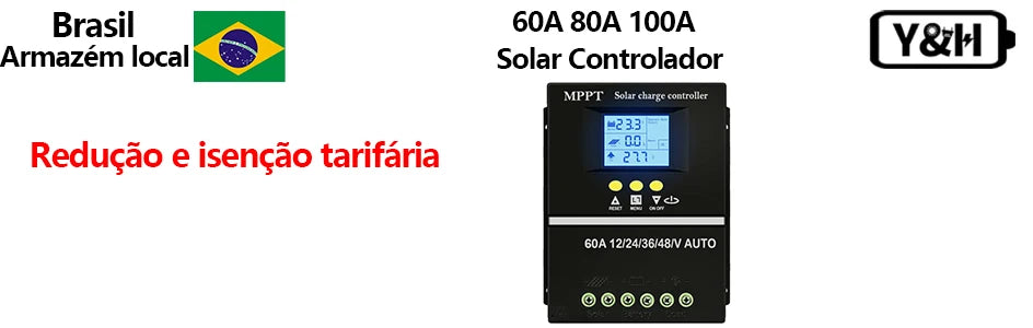 Controlador Carga Solar MPPT Y&H 60A/80A/100A 12V-48V Regulador Inteligente Batería Plomo-Ácido/Litio