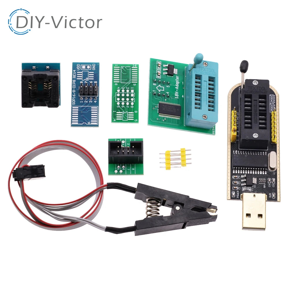 Kit Programador USB CH341A 24/25 Series EEPROM Flash BIOS + Clip Test SOIC8/SOP8 (DIY Kit i21)