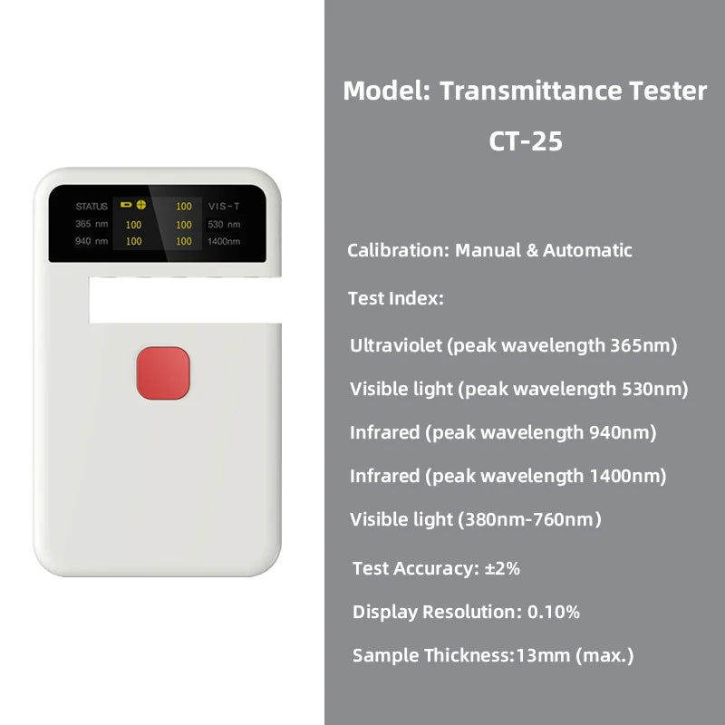Medidor Transmitancia Portátil CT-25 (UV/VL/IR) - Tester 365nm/530nm/1400nm para Film Solar/Vidrio Óptico
