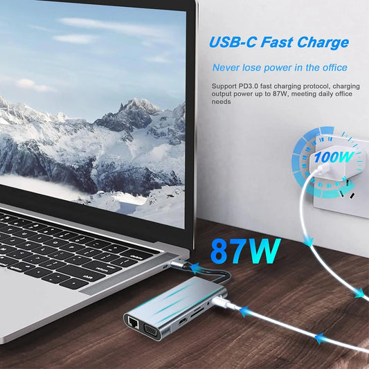 Hub Adaptador Dongle USB-C con HDMI 4K, VGA, PD, RJ45, Lector Tarjetas SD/TF para MacBook Pro/Air M1, iPad