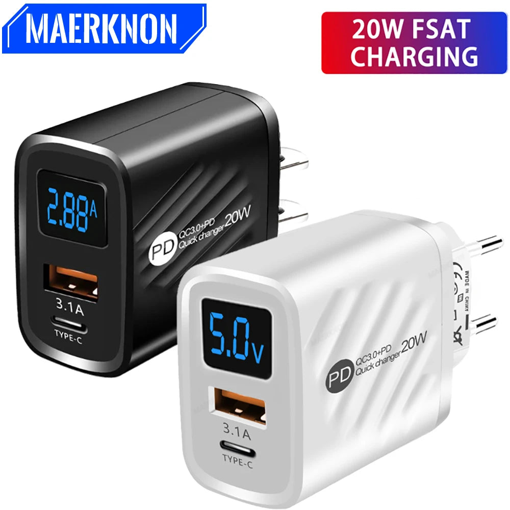Cargador Pared USB Tipo C PD 20W Carga Rápida con Pantalla Digital para iPhone/Samsung/Xiaomi