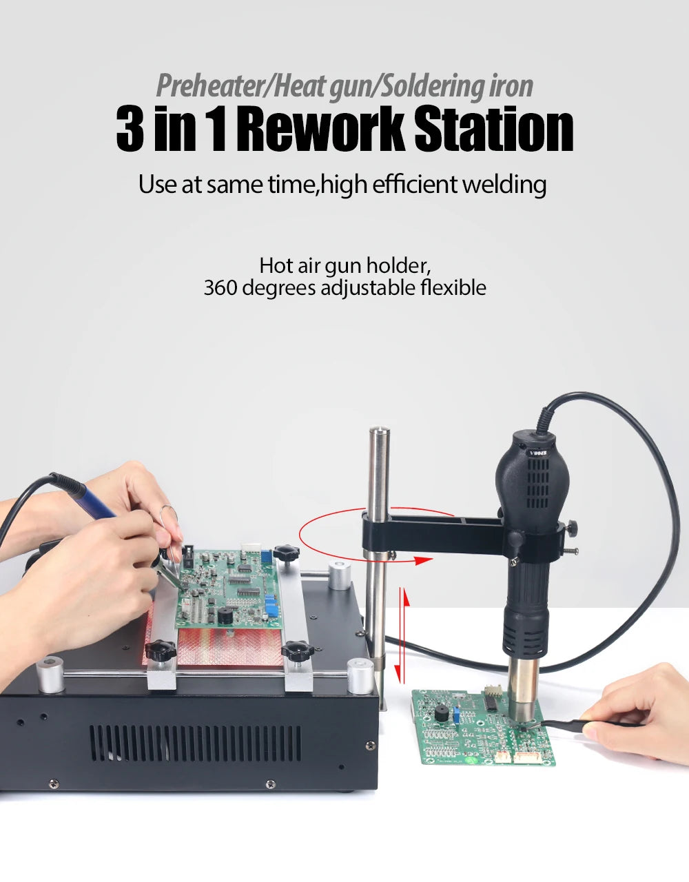 Estación Rework BGA 3 en 1 (Aire Caliente, Cautín, Precalentador) WEP 853AAA+ 1200W Programable