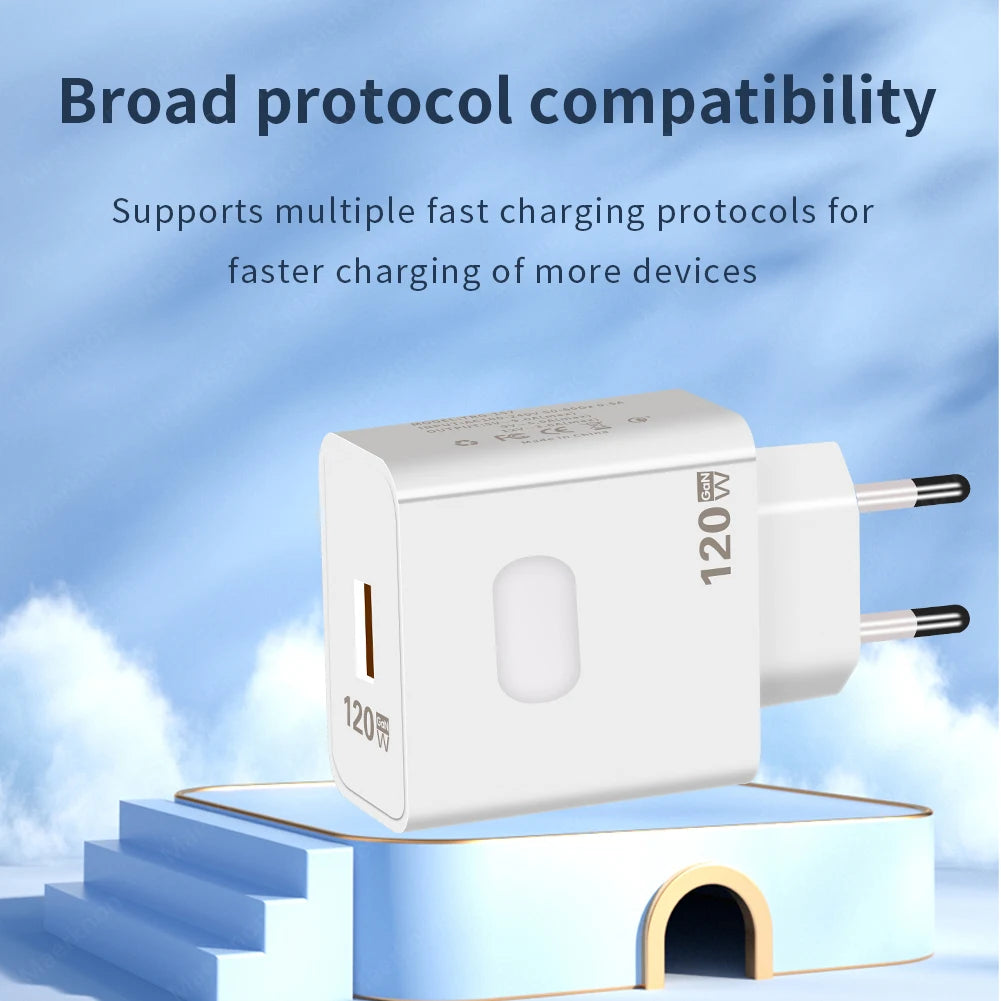 Cargador USB GaN 120W Carga Rápida con Cable USB Tipo C 10A para iPhone/Huawei/Samsung/Xiaomi