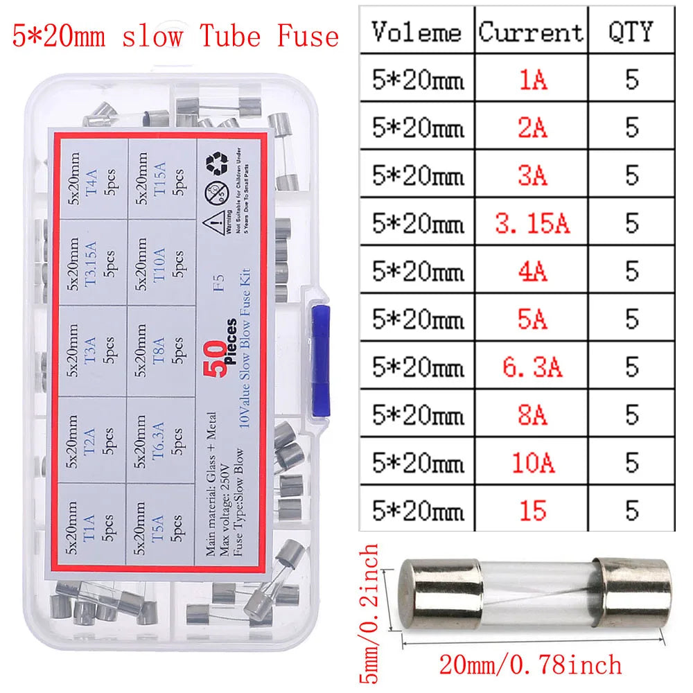 12V-250V Slow Fast Glass Fuse With Lead Wire Mix kit 0.1A 0.25A 0.5A 1A 2A 2.5A 3A 3.15A 4A 5A 6A 6.3A 8A 10A 15A 16A 20A 30A
