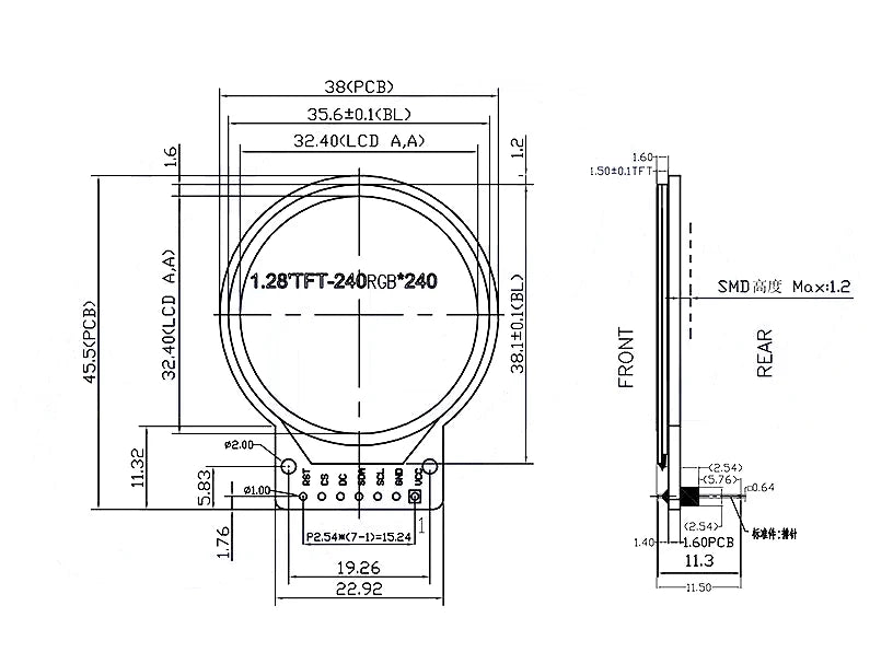 Módulo Display Pantalla Redonda TFT LCD 1.28" RGB 240x240 Driver GC9A01 SPI PCB Arduino
