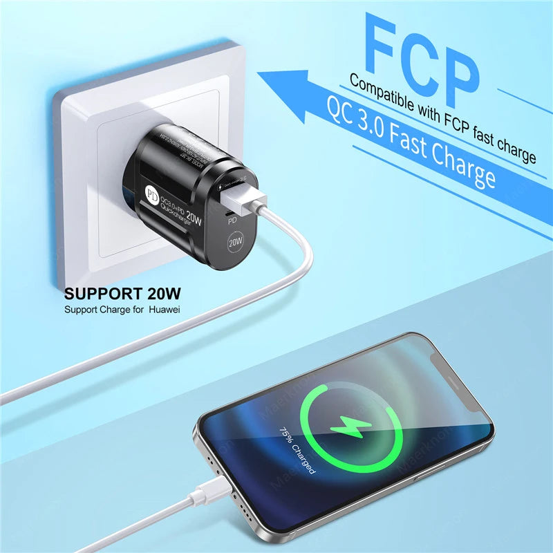 Cargador USB Doble Puerto (Quick Charge 3.0, PD 20W Tipo C) Adaptador Carga Rápida para iPhone 13/12Pro/Huawei/Xiaomi/Samsung