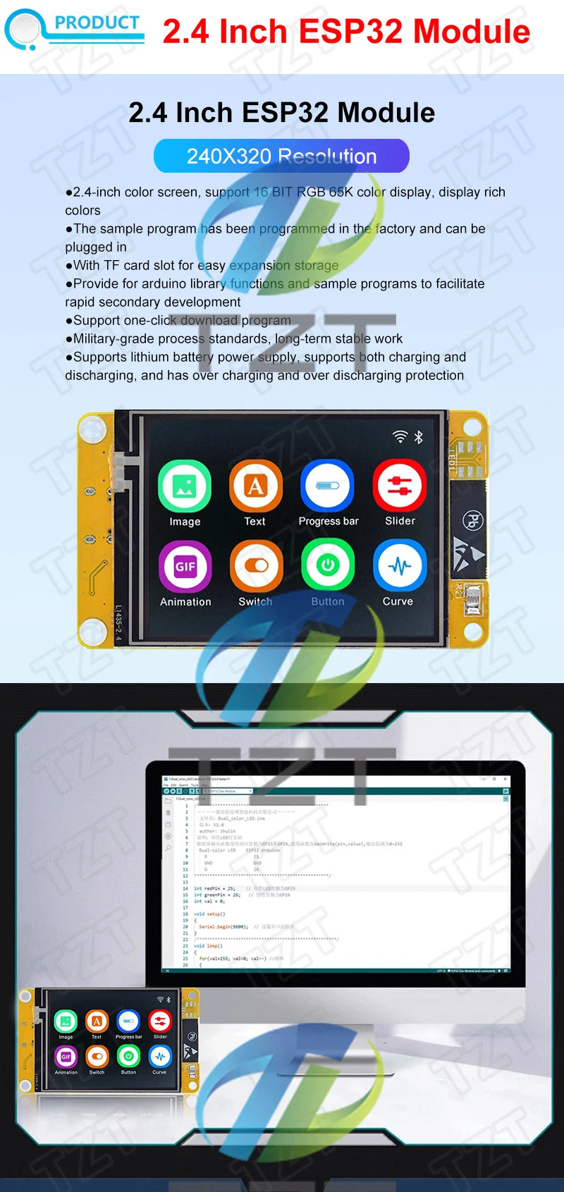 Placa Desarrollo DIYTZT ESP32 LVGL (WROOM) con Pantalla Táctil LCD TFT 2.4" (240x320) WiFi y Bluetooth
